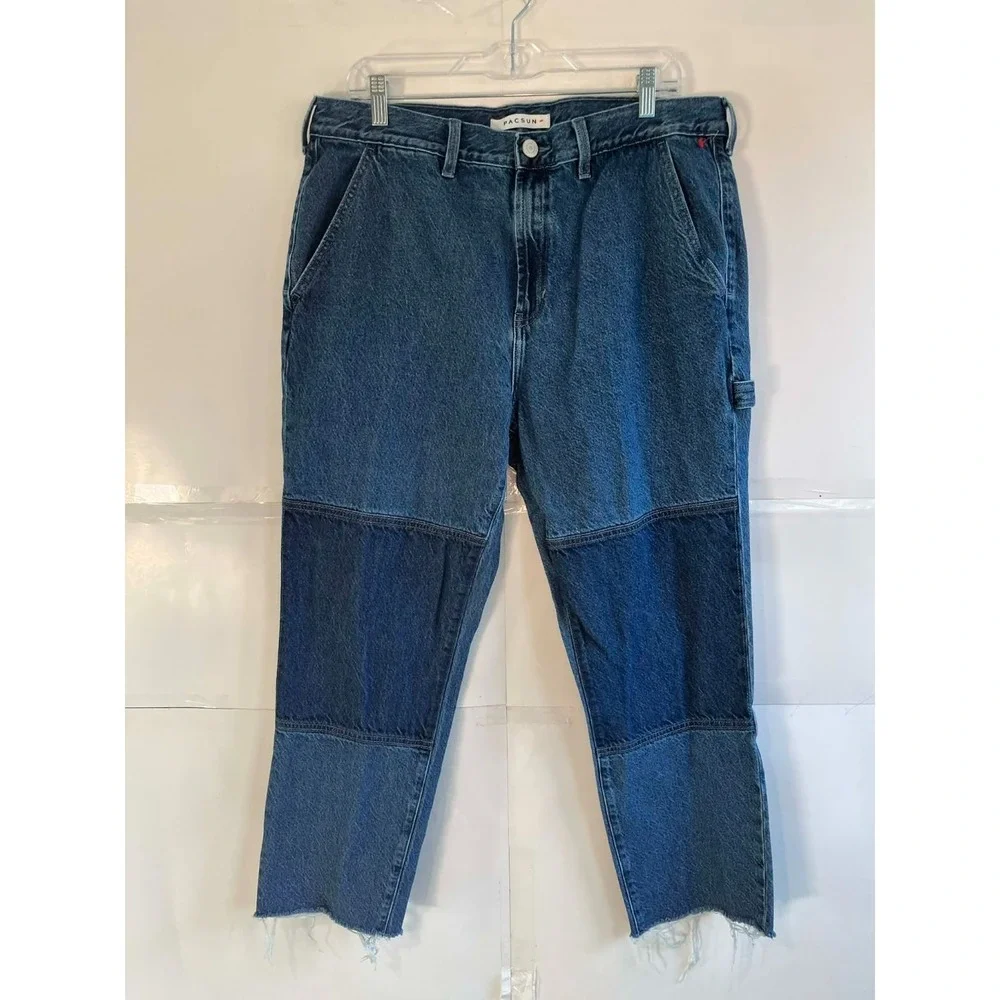 Pacsun Carpenter Jeans Mens 36x32 Blue Denim Raw Hem Knee Patches Straight Leg